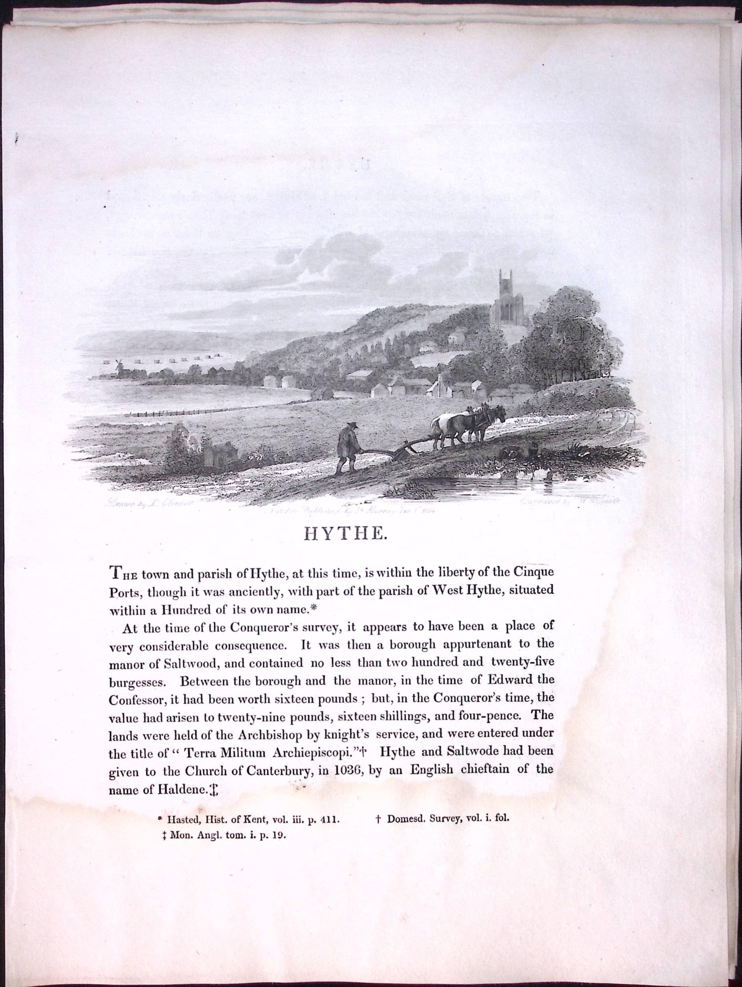 J.M.W Turner ""Kent-Hythe” Views from a Southern Coast Rare Copper Engraving-54: Title: J.M.W Turner "Kent-Hythe” Views from a Southern Coast Rare Copper Engraving-54 Description: This Rare After J.M.W. Turner Copper Engraved Plate Was Removed from a Nearly 200 Years-Old