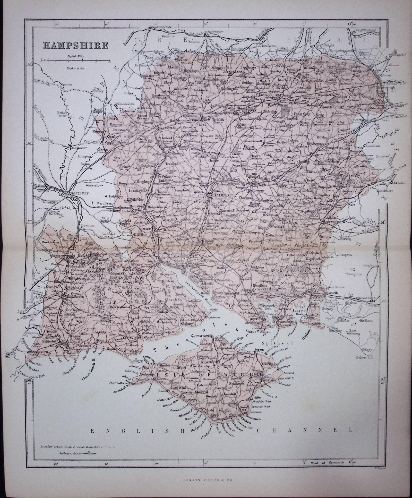 County Hampshire 150 Years-Old 1875 Coloured Detailed Antique 1875 Map-46: Title: County Hampshire 150 Years-Old 1875 Coloured Detailed Antique 1875 Map-46 Description: This 150 Years-Old Coloured Antique Map Was Removed from an Edition of. The National Gazetteer of