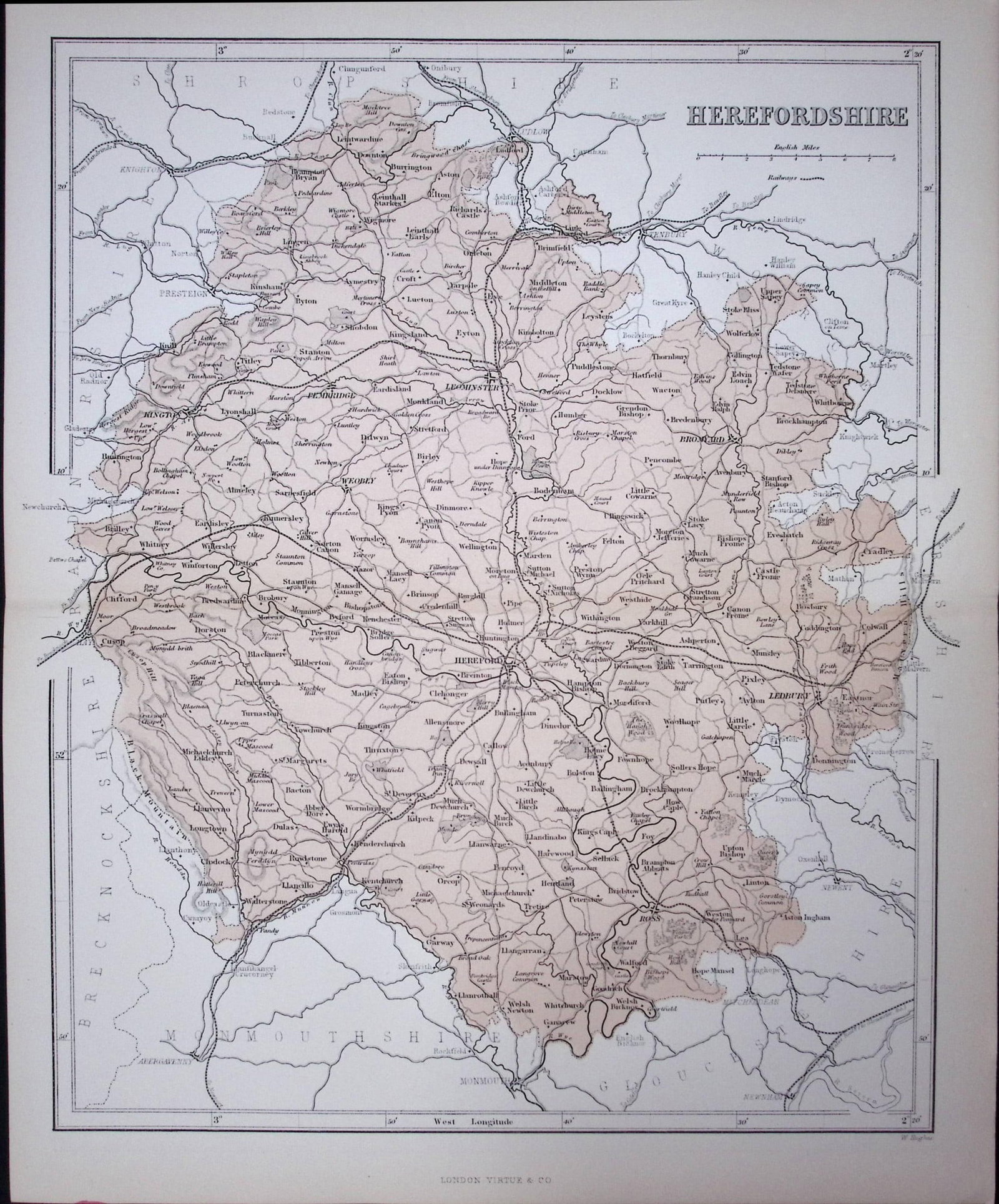Herefordshire 150 Years-Old 1875 Coloured Detailed Antique 1875 Map-36: Title: Herefordshire 150 Years-Old 1875 Coloured Detailed Antique 1875 Map-36 Description: This 150 Years-Old Coloured Antique Map Was Removed from an Edition of. The National Gazetteer of