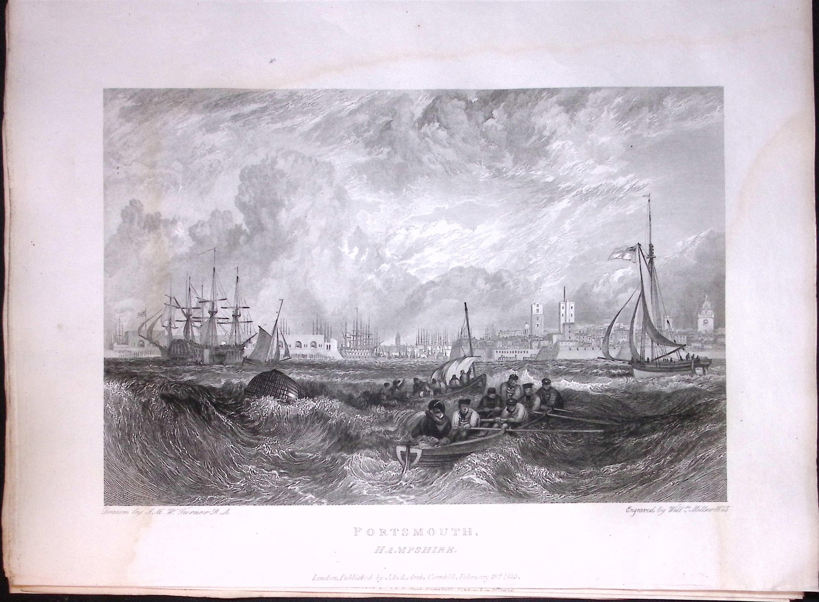 J.M.W Turner ""Portsmouth"" Views from a Southern Coast Rare Antique Copper Engraving-13: Title: J.M.W Turner "Portsmouth" Views from a Southern Coast Rare Antique Copper Engraving-13 Description: This Rare After J.M.W. Turner Copper Engraved Plate Was Removed from a Nearly 200 Years-
