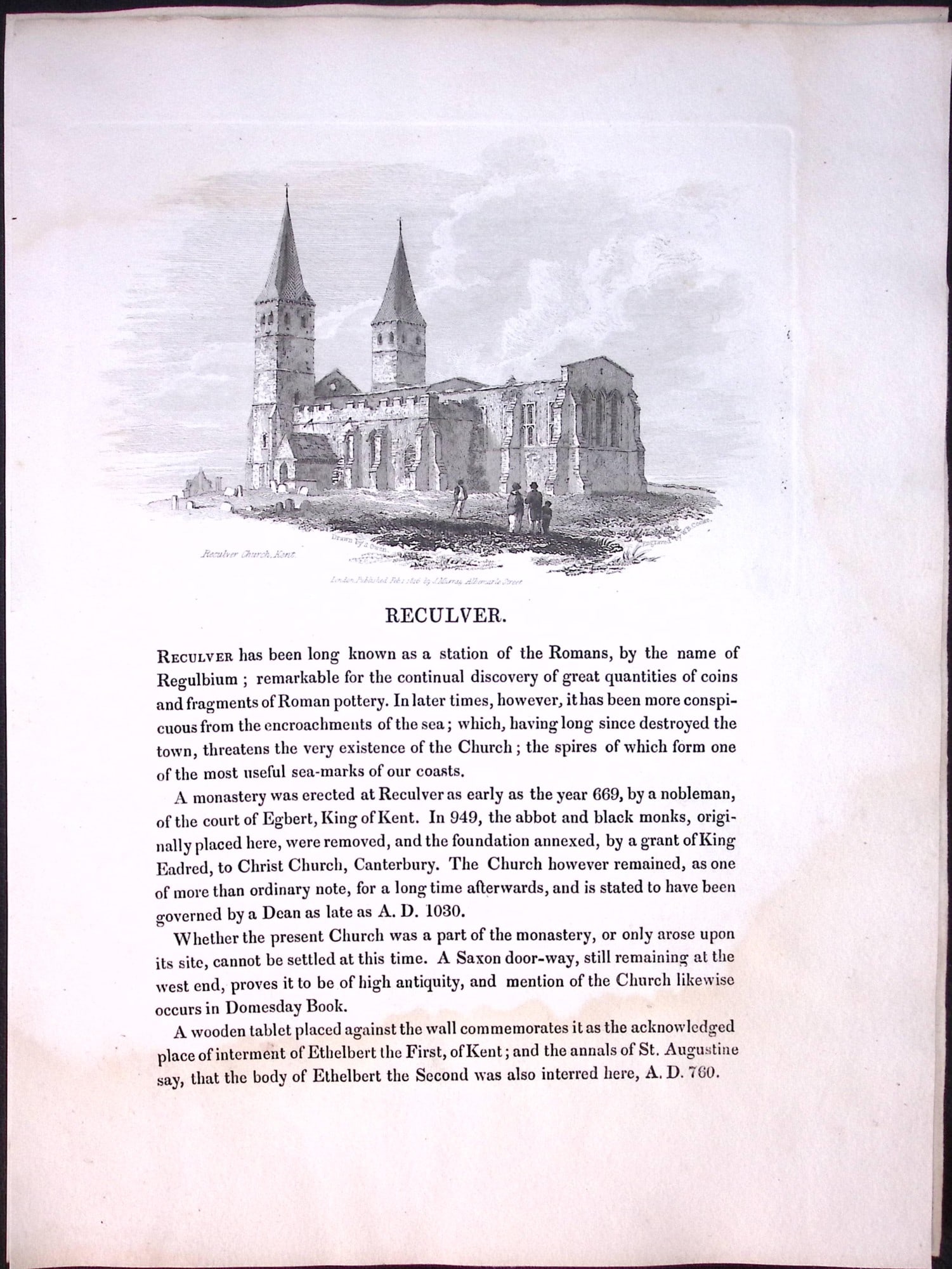 J.M.W Turner “Kent-Reculver Church” Views from a Southern Coast Rare Engraving-50: Title: J.M.W Turner “Kent-Reculver Church” Views from a Southern Coast Rare Engraving-50 Description: This Rare After J.M.W. Turner Copper Engraved Plate Was Removed from a Nearly 200 Y