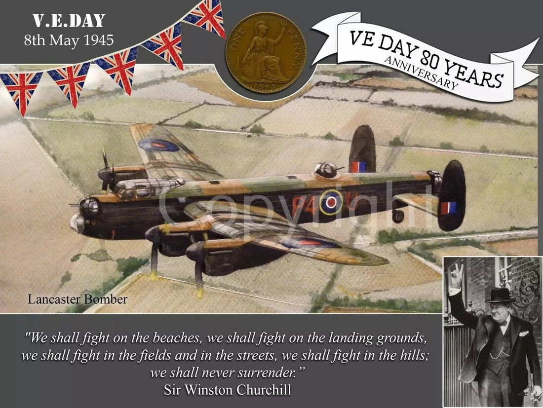 VE Day 80th Anniversary Lancaster Bomber Designed Metal Art Coin Display: Title: VE Day 80th Anniversary Lancaster Bomber Designed Metal Art Coin Display Description: ★ Approx Size 8” x 6” (Inches) 200 x 150 (mm). ★ Our Metal Art Design Comes with