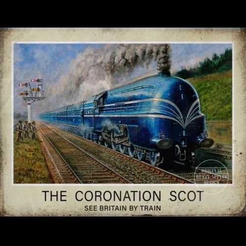 Coronation Scot Steam Train Travel Poster ""See Britain By Train"" Metal Wall Art: Title: Coronation Scot Steam Train Travel Poster ""See Britain By Train"" Metal Wall Art Description: ★ Approx Size 16” x 12” (Inches) 400 x 300 (mm). ★ Our Metal Art Design