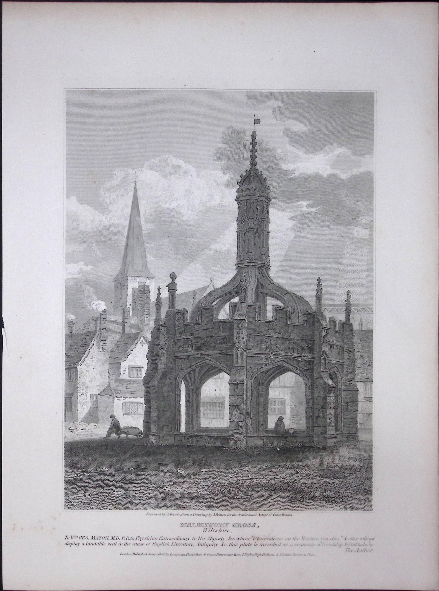 Malmsbury Cross Wiltshire Rare John Britton 191 Years-Old Antique Steel Engraving-28: Title: Malmsbury Cross Wiltshire Rare John Britton 191 Years-Old Antique Steel Engraving-28 Description: This 191 Years-Old Steel Gilt-Edged Engraved Plate Has Been Removed from an Antique Edition