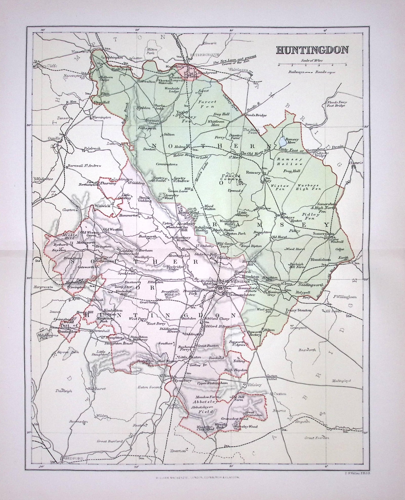 Huntingdonshire J H F Brabner Coloured Antique 130 Years-Old Map-8-TR: Title: Huntingdonshire J H F Brabner Coloured Antique 130 Years-Old Map-8-TR Description: This Folded Map Was Removed from an Antique Edition of. The Comprehensive Gazetteer of England and Wales J H