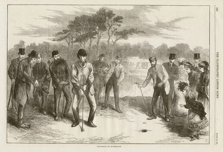 Golf Match on Blackheath by F Gilbert Original Wood Block Antique Engraving.: Title: Golf Match on Blackheath by F Gilbert Original Wood Block Antique Engraving. Description: Golf Match on Blackheath by F Gilbert Original Wood Block Antique Engraving. As Used in 3/26/187