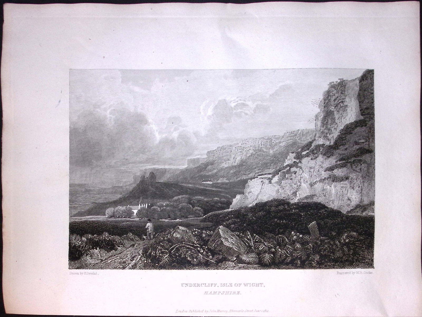 J.M.W Turner ""Undercliff Isle of Wight"" Views from a Southern Coast Rare Copper Engraving-15: Title: J.M.W Turner "Undercliff Isle of Wight" Views from a Southern Coast Rare Copper Engraving-15 Description: This Rare After J.M.W. Turner Copper Engraved Plate Was Removed from a Nearly 200