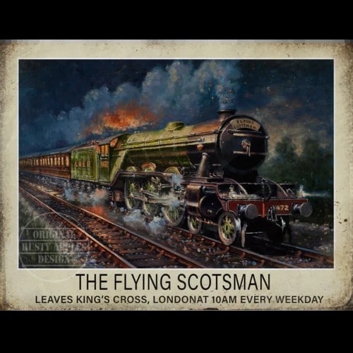Flying Scotsman Poster ""Leaving Kings Cross London 10am Weekdays"" Metal Wall Art: Title: Flying Scotsman Poster ""Leaving Kings Cross London 10am Weekdays"" Metal Wall Art Description: ★ Approx Size 8” x 6” (Inches) 200 x 150 (mm). ★ Our Metal Art Design