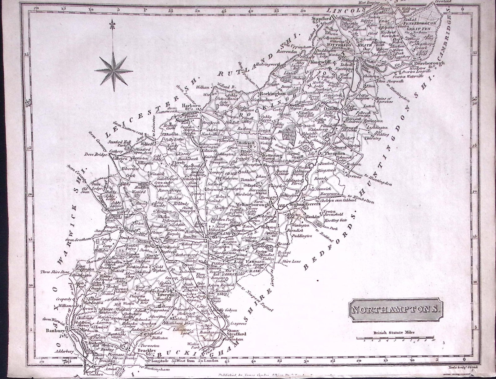 County Northamptonshire 176 Years-Old Antique Detailed Map-12-TR: Title: County Northamptonshire 176 Years-Old Antique Detailed Map-12-TR Description: This Antique Engraving Has Been Removed from an Antique 1850 Edition of. The New British Traveller or Moder