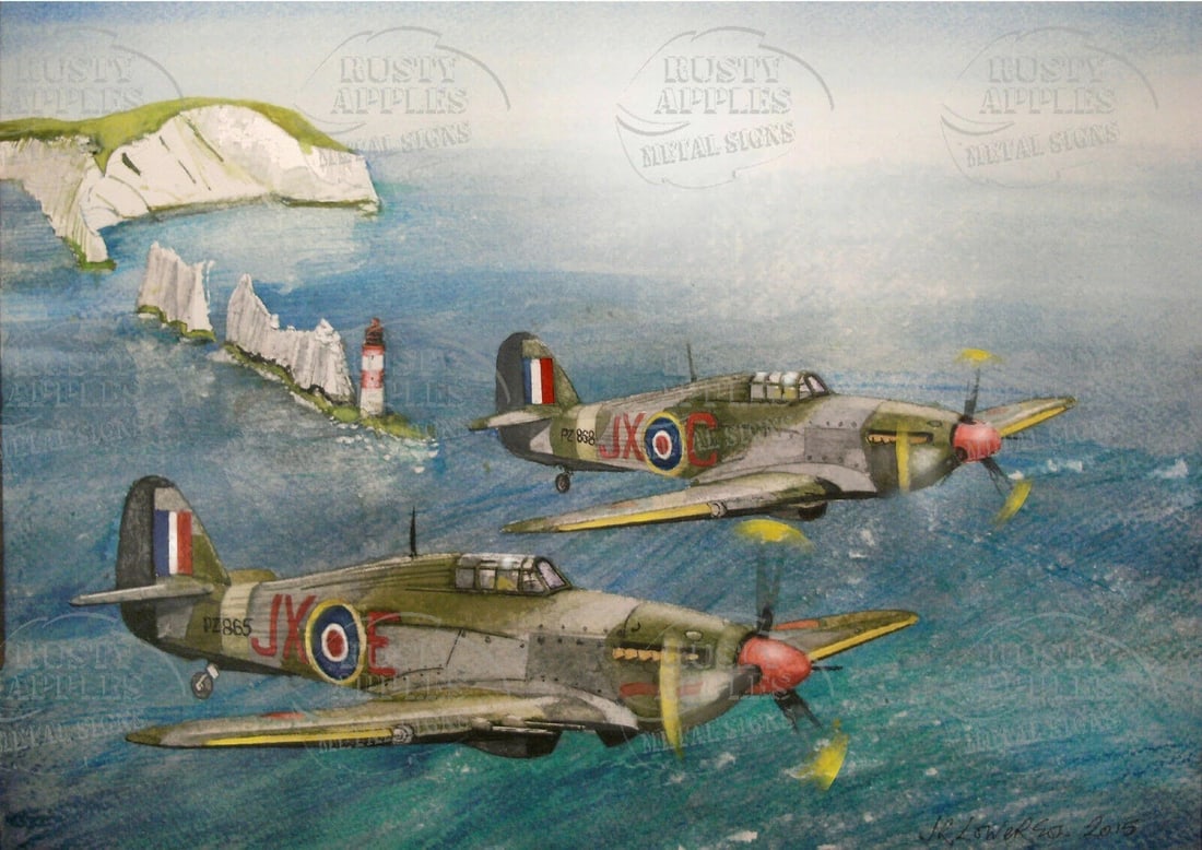 RAF WW2 Two Hawker Hurricanes Over Beachy Head Metal Wall Art: Title: RAF WW2 Two Hawker Hurricanes Over Beachy Head Metal Wall Art Description: ★ Approx Size 8” x 6” (Inches) 200 x 150 (mm). ★ Our Metal Art Design Comes with Rounded