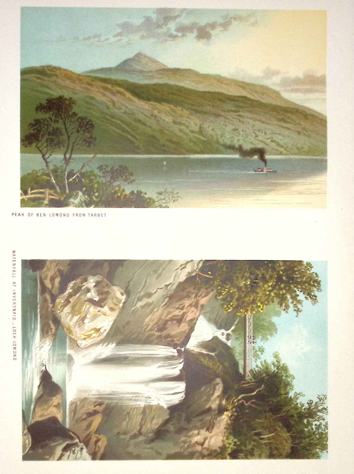 Scotland Waterfall at Inversnaic Loch Lomond Antique Coloured Print-29b: Title: Scotland Waterfall at Inversnaic Loch Lomond Antique Coloured Print-29b Description: This Antique Illustration Has Been Removed from a First Edition of. Souvenir Of Scotland. Cities,