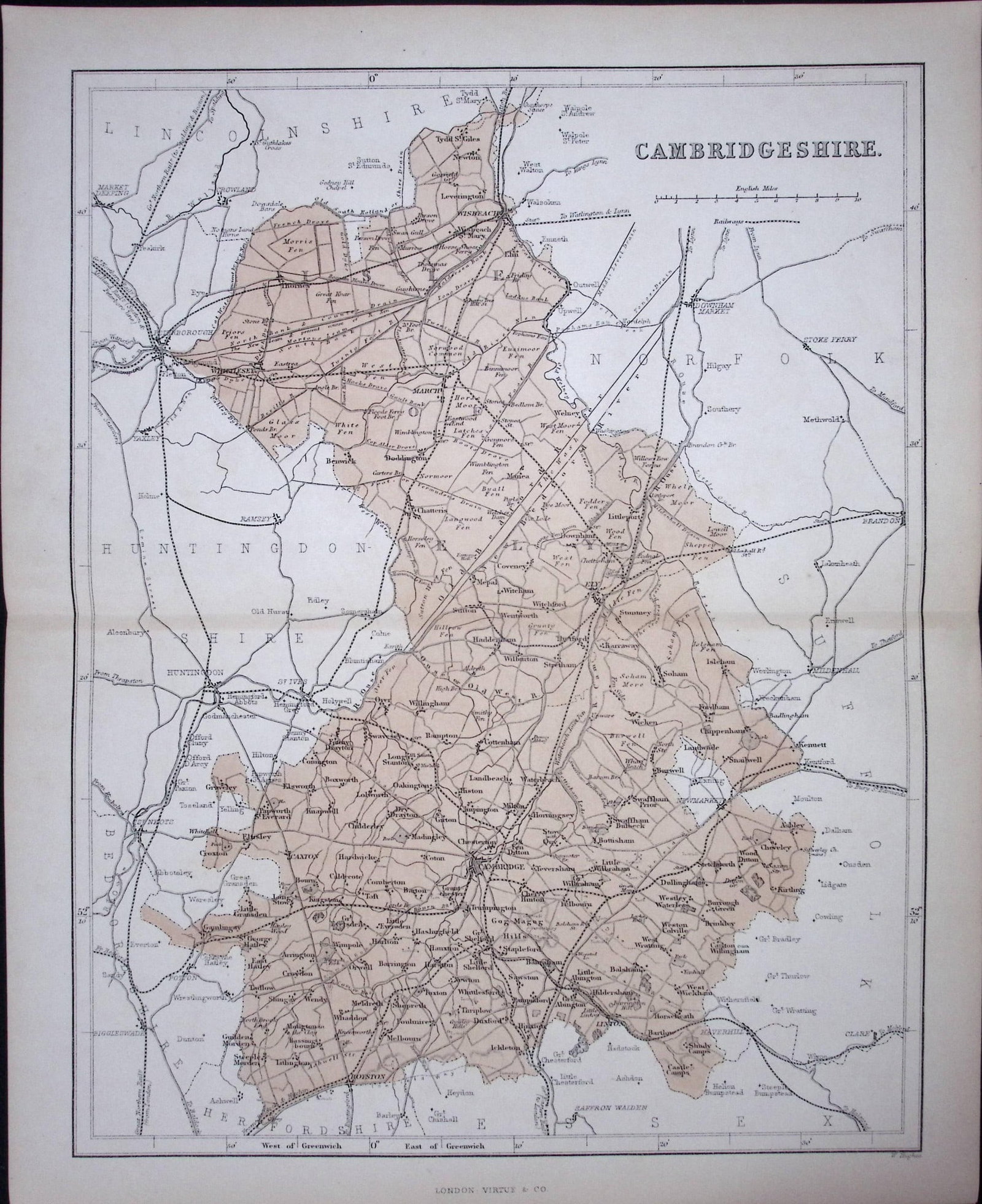 Cambridgeshire 150 Years-Old 1875 Coloured Detailed Antique 1875 Map-39: Title: Cambridgeshire 150 Years-Old 1875 Coloured Detailed Antique 1875 Map-39 Description: This 150 Years-Old Coloured Antique Map Was Removed from an Edition of. The National Gazetteer of