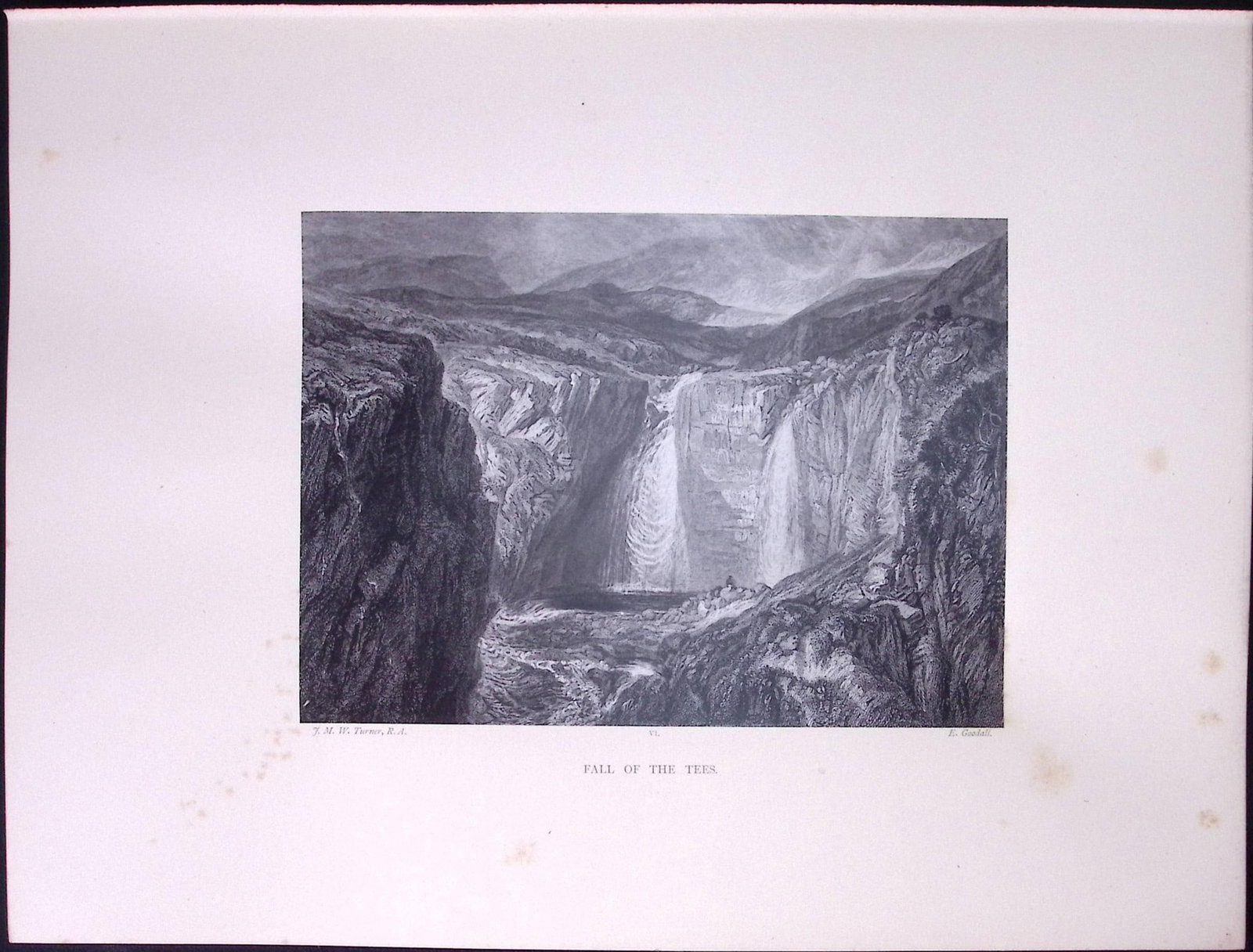 J.M.W Turner Rare “Fall of The Tees Yorkshire” 1873 Picturesque Views in England-46: Title: J.M.W Turner Rare “Fall of The Tees Yorkshire” 1873 Picturesque Views in England-46 Description: This Antique Print Was Removed from a 152 Years-Old Edition Of. J M W Turner's