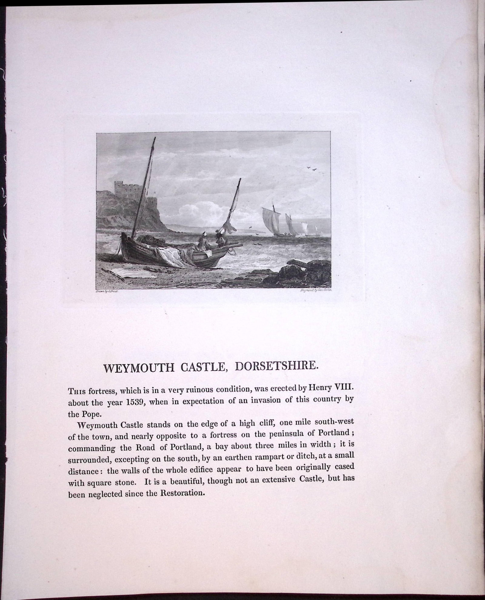 J.M.W Turner ""Dorset Weymouth Castle” Views from a Southern Coast Rare Engraving-69: Title: J.M.W Turner "Dorset Weymouth Castle” Views from a Southern Coast Rare Engraving-69 Description: This Rare After J.M.W. Turner Copper Engraved Plate Was Removed from a Nearly 200 Year