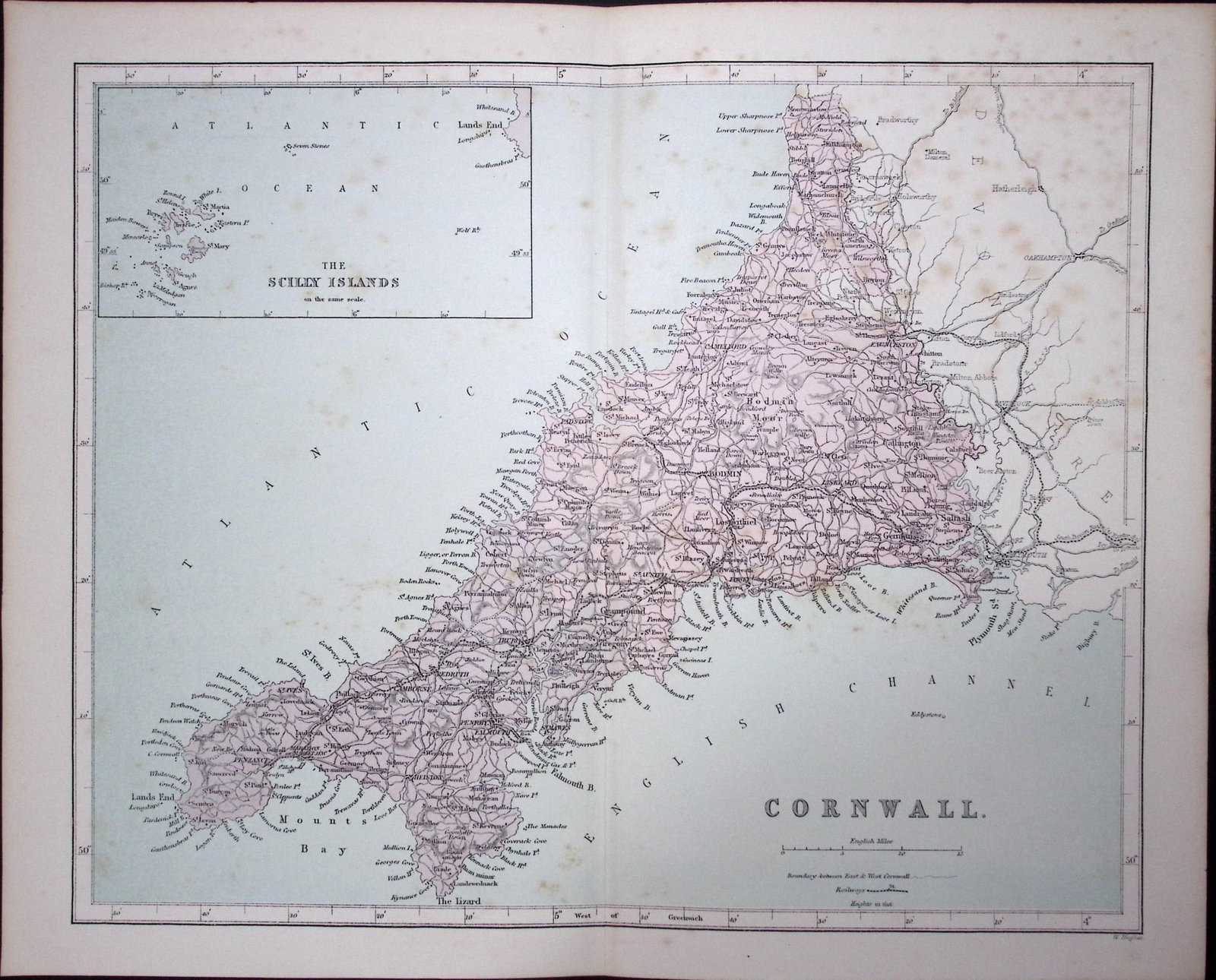 Cornwall & Scilly Islands 150 Years-Old 1875 Coloured Detailed Antique 1875 Map-44: Title: Cornwall & Scilly Islands 150 Years-Old 1875 Coloured Detailed Antique 1875 Map-44 Description: This 150 Years-Old Coloured Antique Map Was Removed from an Edition of. The National