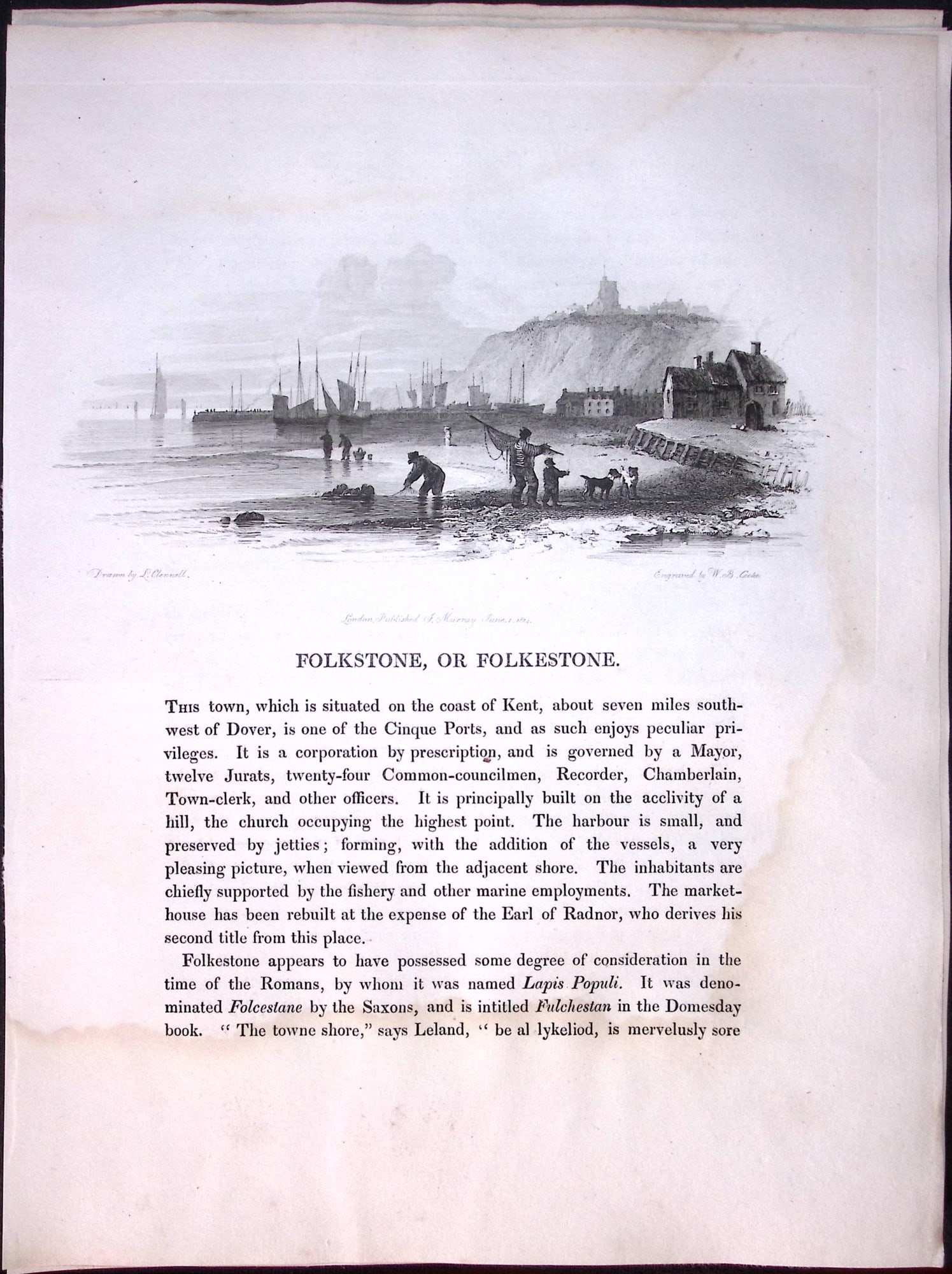 J.M.W Turner ""Kent-Folkestone” Views from a Southern Coast Rare Copper Engraving-53: Title: J.M.W Turner "Kent-Folkestone” Views from a Southern Coast Rare Copper Engraving-53 Description: This Rare After J.M.W. Turner Copper Engraved Plate Was Removed from a Nearly 200 Year