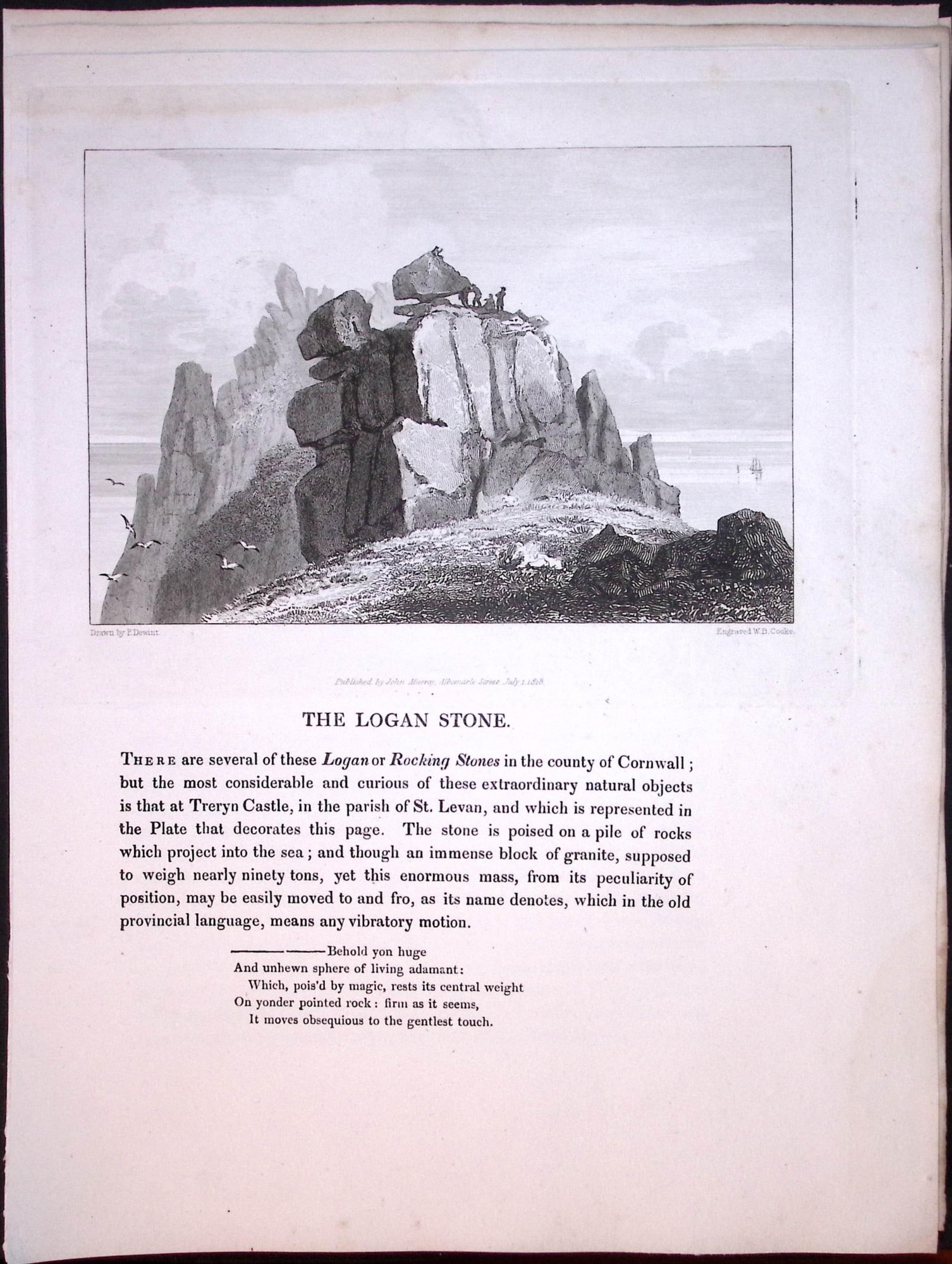 J.M.W Turner ""Cornwall The Logan Stone” Views from a Southern Coast Rare Engraving-75: Title: J.M.W Turner "Cornwall The Logan Stone” Views from a Southern Coast Rare Engraving-75 Description: This Rare After J.M.W. Turner Copper Engraved Plate Was Removed from a Nearly 200 Ye