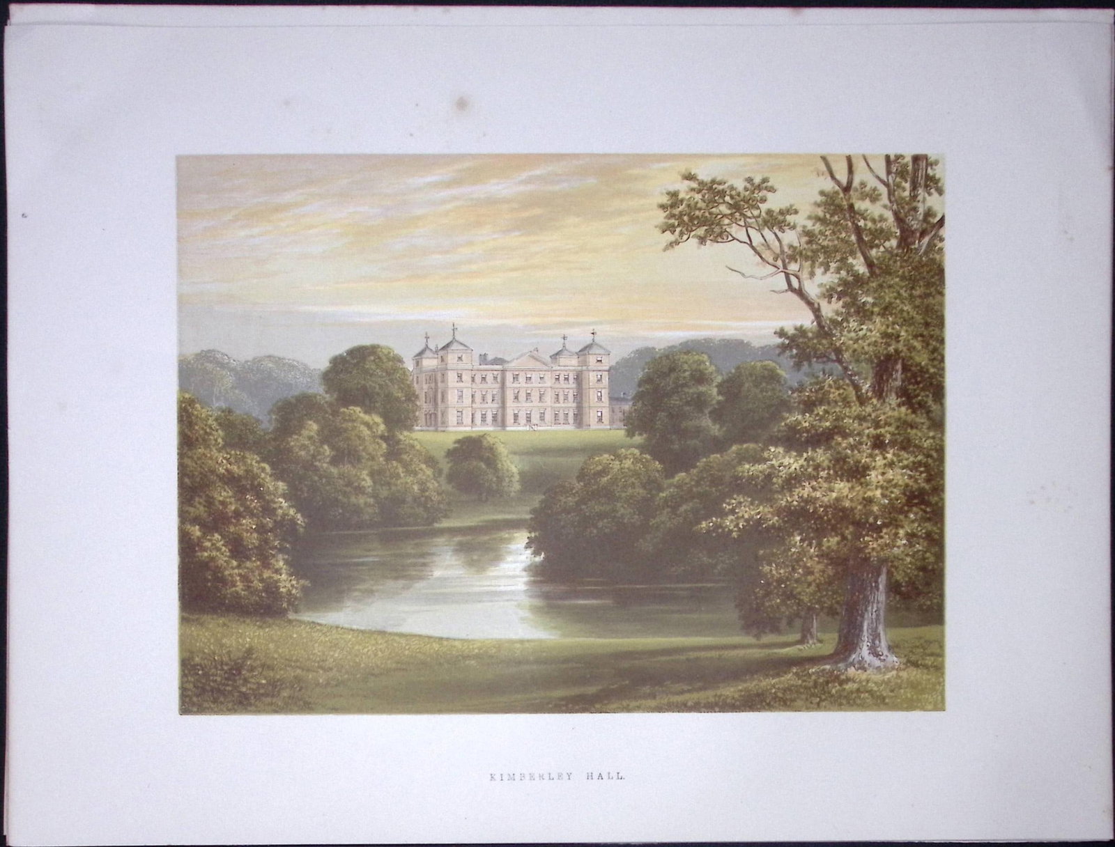 Kimberley Hall Norfolk 160 Years-Old Gilt-Edge Coloured Antique Book Plate-5: Title: Kimberley Hall Norfolk 160 Years-Old Gilt-Edge Coloured Antique Book Plate-5 Description: This Stunning Gilt-Edged Colour Plate illustrated by Alexander Francis Lydon and Coloured By. Be