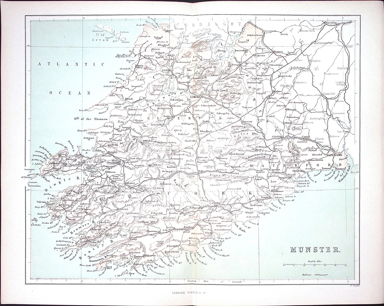 The Province of Munster Ireland 150 Years-Old Coloured Antique 1875 Map-4: Title: The Province of Munster Ireland 150 Years-Old Coloured Antique 1875 Map-4 Description: This 150 Years-Old Coloured Antique Map Was Removed from an Edition of. The National Gazetteer of