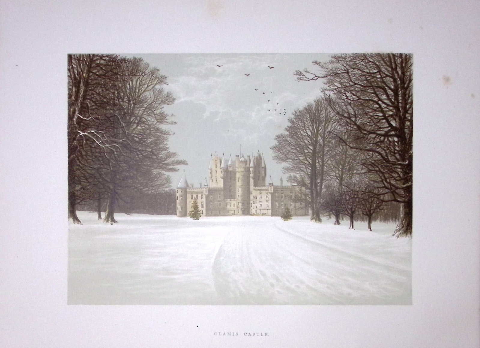 Glamis Castle Scotland 160 Years-Old Gilt-Edge Coloured Antique Book Plate-1: Title: Glamis Castle Scotland 160 Years-Old Gilt-Edge Coloured Antique Book Plate-1 Description: This Stunning Gilt-Edged Colour Plate illustrated by Alexander Francis Lydon and Coloured By. Benjamin