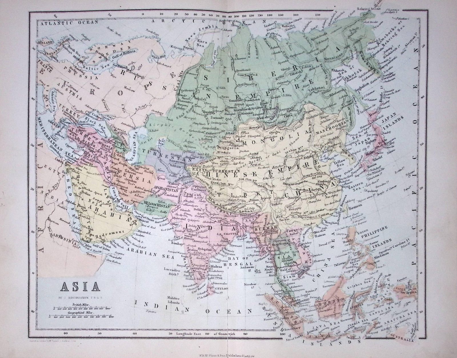Asia Large Coloured Detailed 155 Years-Old Map-F-TR: Title: Asia Large Coloured Detailed 155 Years-Old Map-F-TR Description: This Coloured and Detailed Map Was Removed from an Edition of. The Gallery of Geography Published in 1872 During the Reign of