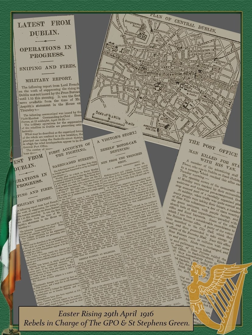 Easter Rising 1916 Newspaper Sinn Fein Rebels Take Over Key Areas of Dublin City.: Title: Easter Rising 1916 Newspaper Sinn Fein Rebels Take Over Key Areas of Dublin City. Description: Easter Rising 1916 Newspaper Sinn Fein Rebels Take Over Key Areas of Dublin City. Easter Rising