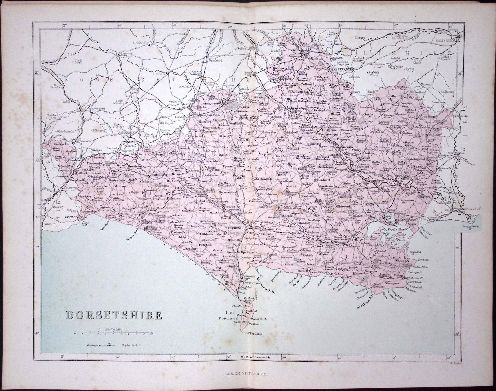Dorsetshire 150 Years-Old 1875 Coloured Detailed Antique 1875 Map-35: Title: Dorsetshire 150 Years-Old 1875 Coloured Detailed Antique 1875 Map-35 Description: This 150 Years-Old Coloured Antique Map Was Removed from an Edition of. The National Gazetteer of Great
