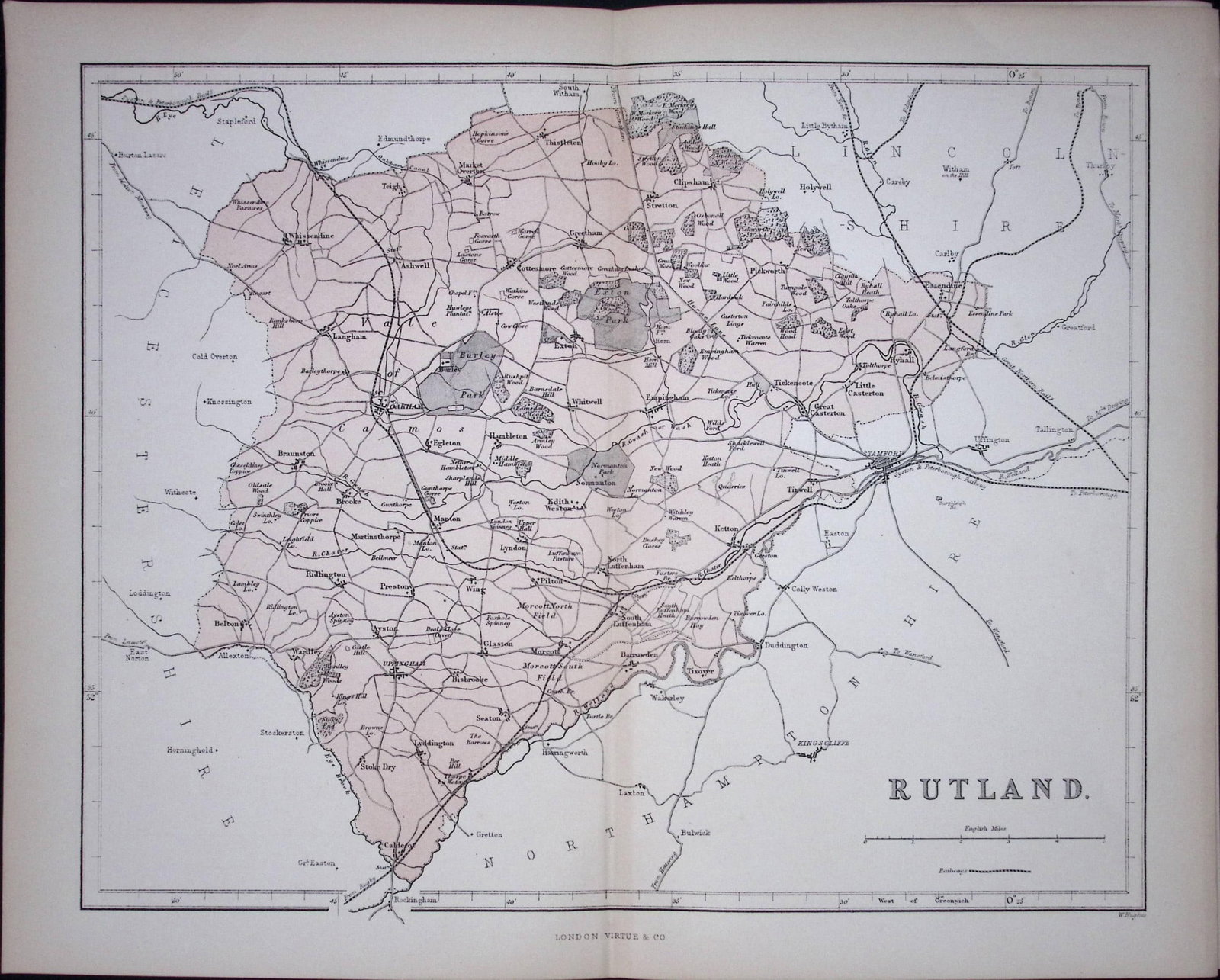 Rutlandshire 150 Years-Old 1875 Coloured Detailed Antique 1875 Map-54: Title: Rutlandshire 150 Years-Old 1875 Coloured Detailed Antique 1875 Map-54 Description: This 150 Years-Old Coloured Antique Map Was Removed from an Edition of. The National Gazetteer of