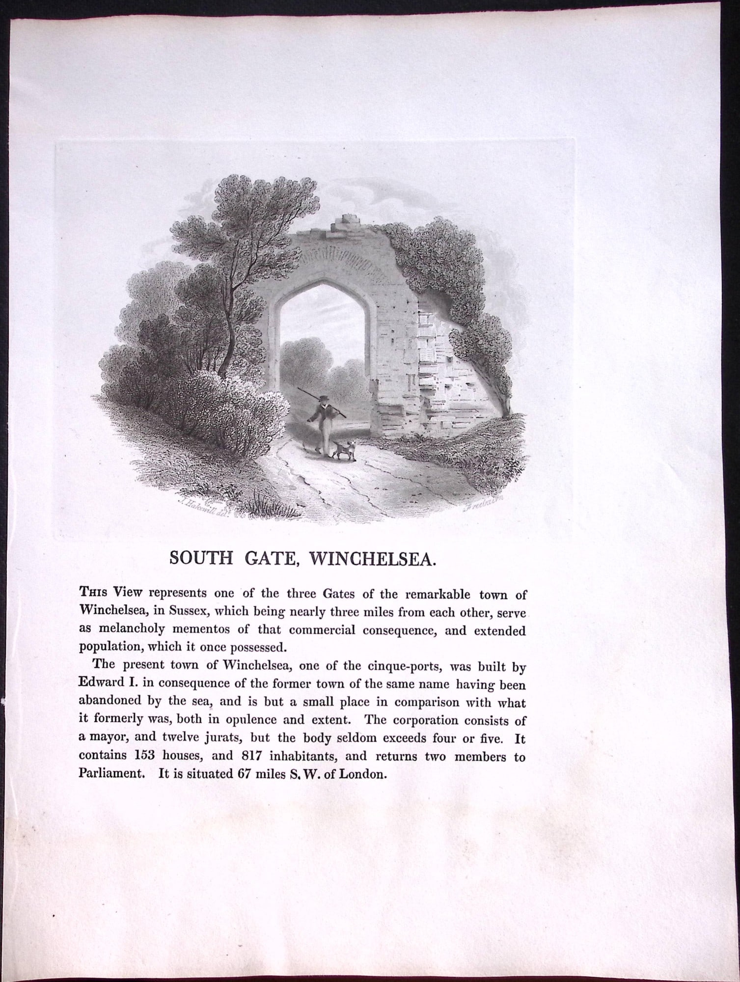 J.M.W Turner ""Sussex South Gate Winchelsea” Views from a Southern Coast Rare Engraving-57: Title: J.M.W Turner "Sussex South Gate Winchelsea” Views from a Southern Coast Rare Engraving-57 Description: This Rare After J.M.W. Turner Copper Engraved Plate Was Removed from a Nearly 20