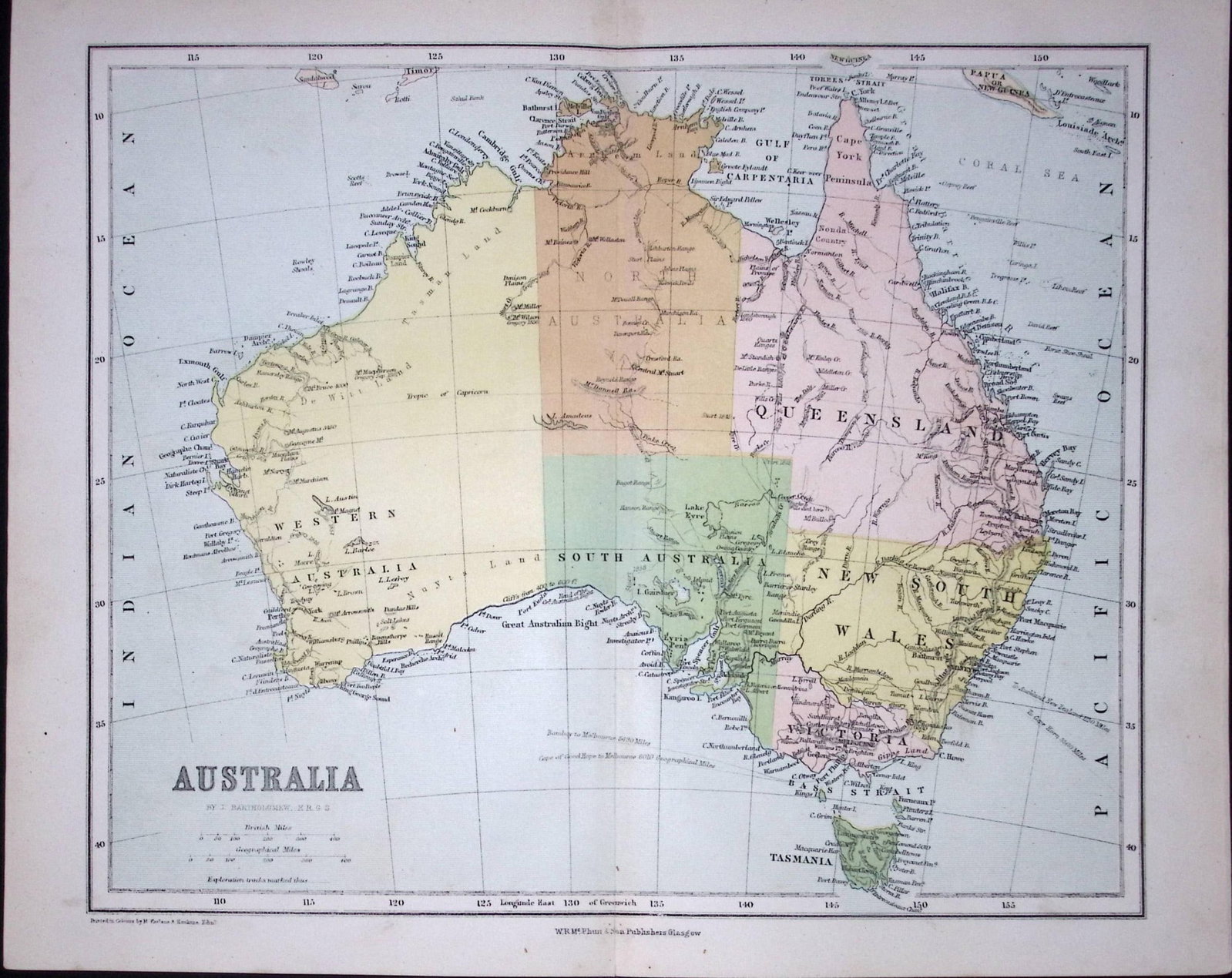 Australia & Tasmania Large Coloured Detailed 155 Years-Old Map-C-TR: Title: Australia & Tasmania Large Coloured Detailed 155 Years-Old Map-C-TR Description: This Coloured and Detailed Map Was Removed from an Edition of. The Gallery of Geography Published in 1872