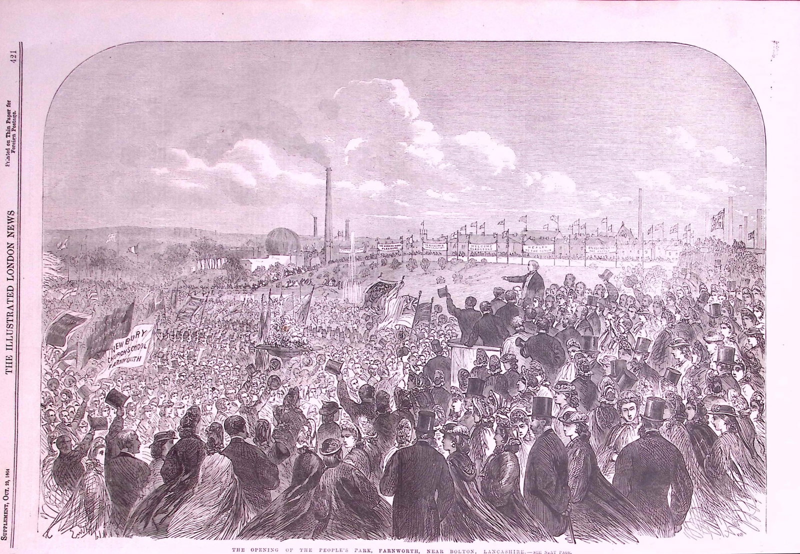 Peoples Park Farnworth Bolton Opened 1864 Large Antique Woodcut Print.: Title: Peoples Park Farnworth Bolton Opened 1864 Large Antique Woodcut Print. Description: Peoples Park Farnworth Bolton Opened 1864 Antique Woodcut Print. This Antique Woodcut Was