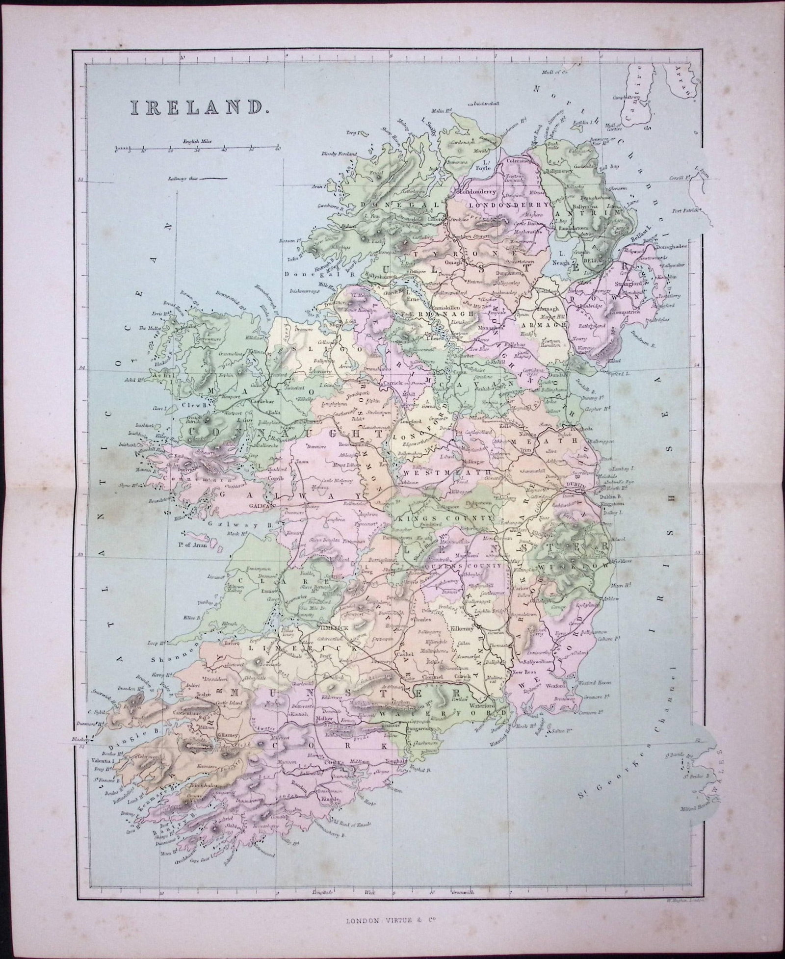 The Country Of Ireland 150 Years-Old Coloured Antique 1875 Map-6: Title: The Country Of Ireland 150 Years-Old Coloured Antique 1875 Map-6 Description: This 150 Years-Old Coloured Antique Map Was Removed from an Edition of. The National Gazetteer of