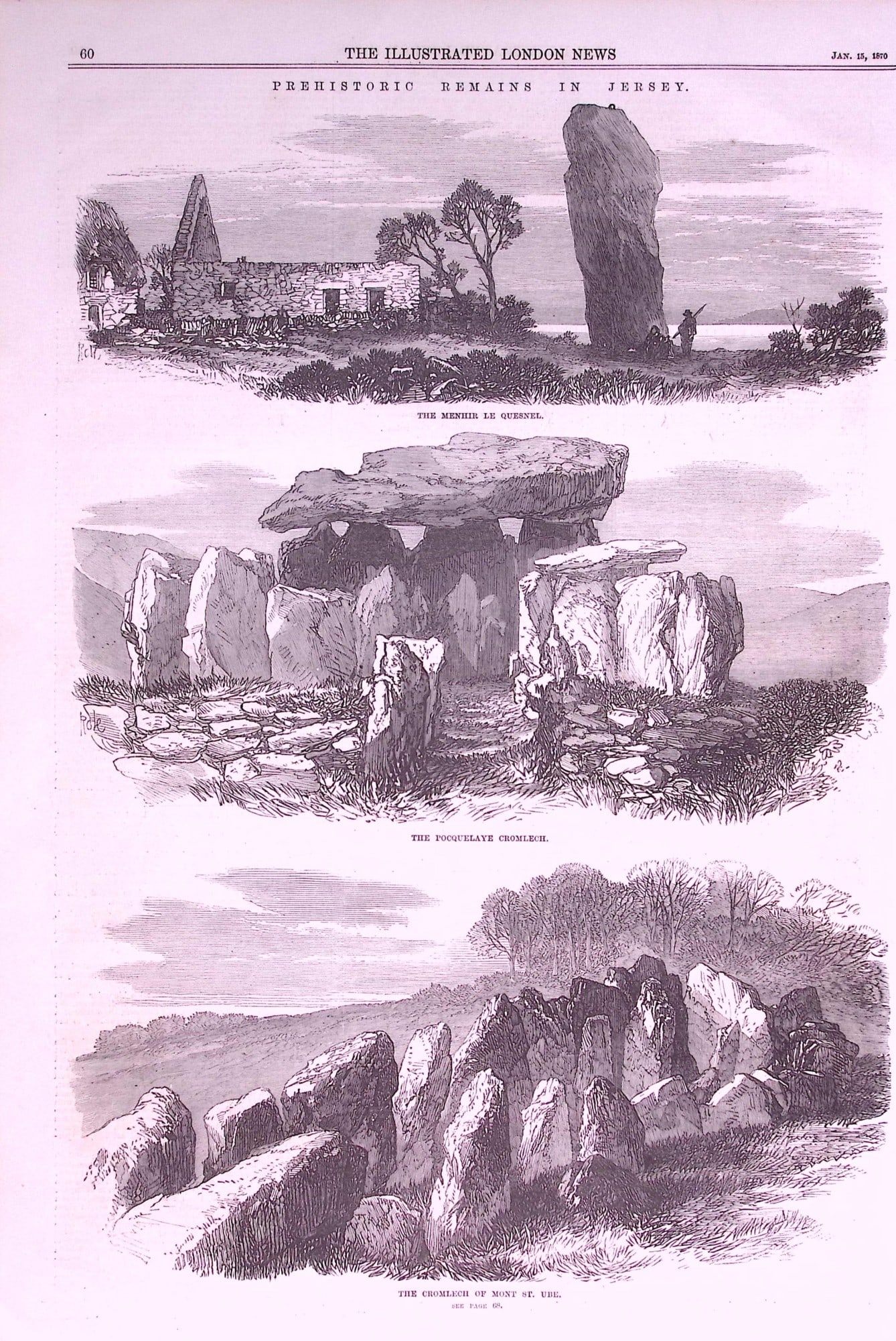 Prehistoric Stones Remains in Jersey 1870 Antique Woodcut Print.: Title: Prehistoric Stones Remains in Jersey 1870 Antique Woodcut Print. Description: Prehistoric Stones Remains in Jersey 1870 Antique Woodcut Print. This Antique Woodcut Was an Article from a