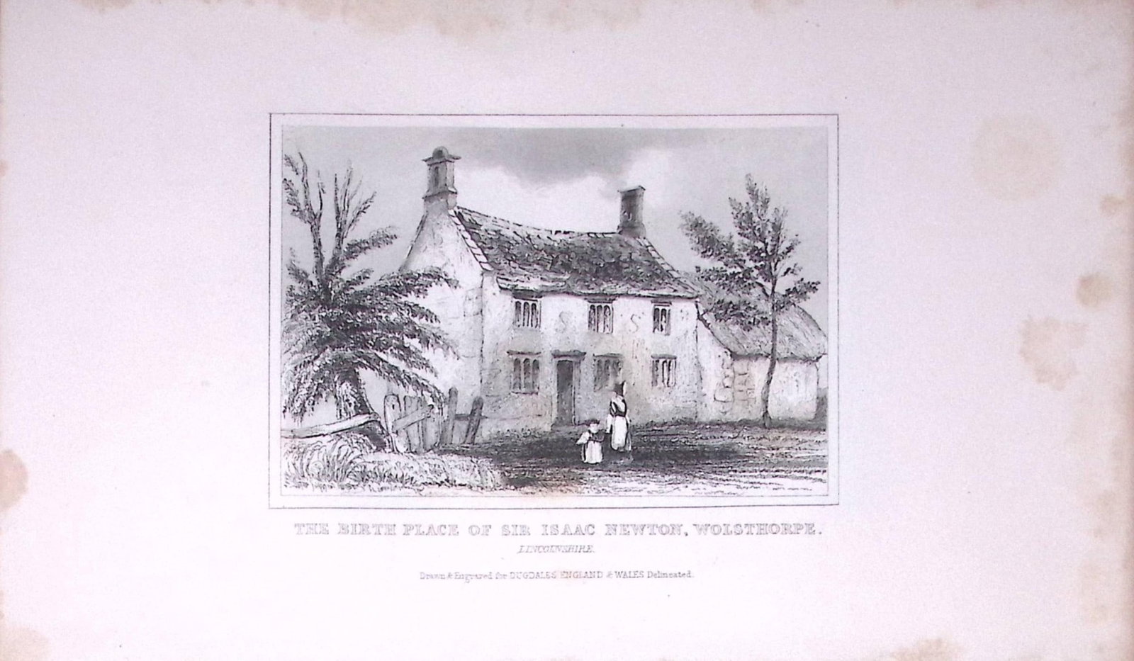 Sir Issac Newton Birth Place Antique 180 Years-Old Copper Plate Print-91: Title: Sir Issac Newton Birth Place Antique 180 Years-Old Copper Plate Print-91 Description: This Antique Copper Plate Engraving Has Been Removed from an Antique Edition of. Thomas Dugdale Curi