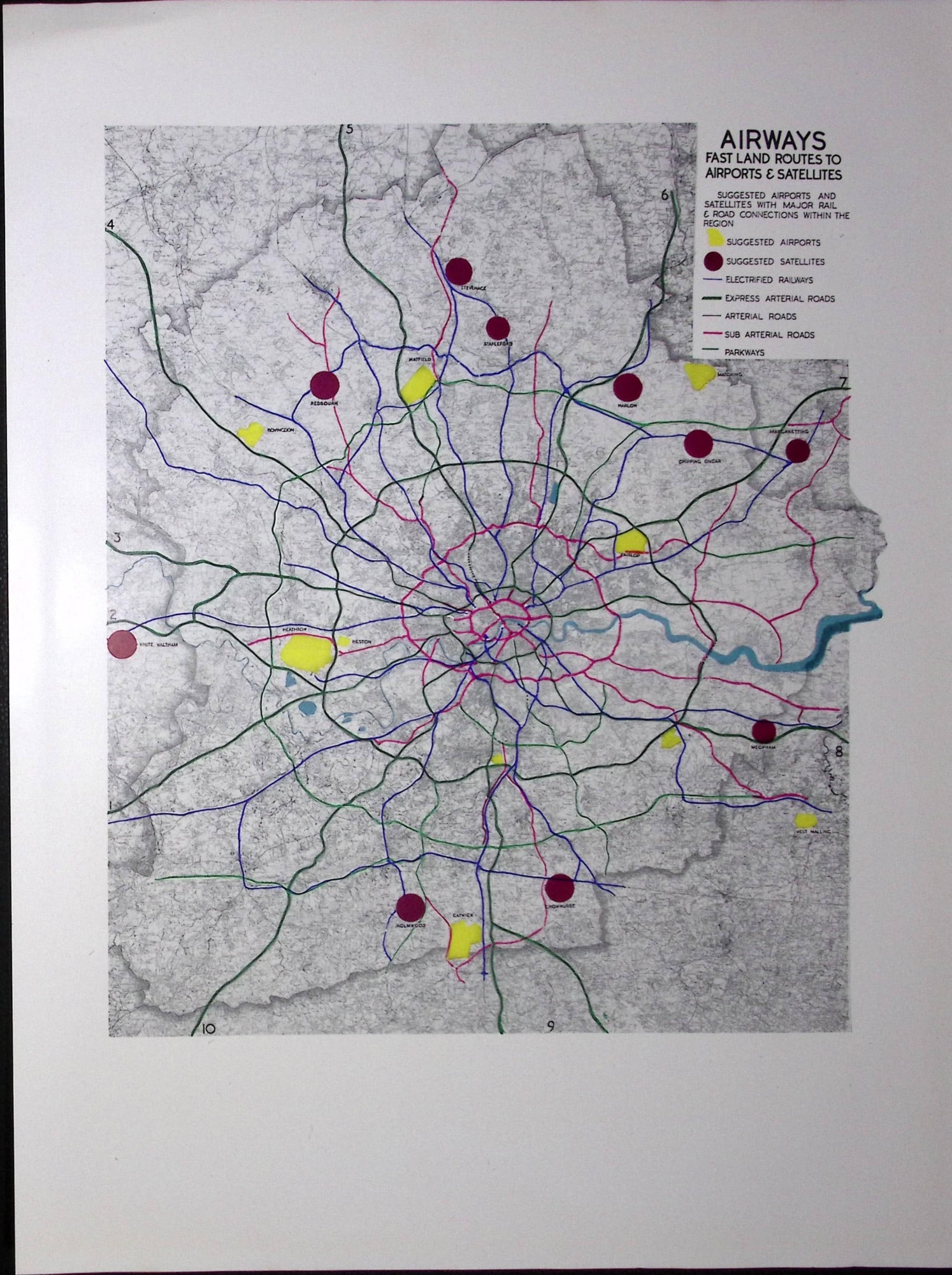 London WW2 1944 Airways Fast Land Routes To Airports & Satellites -21: Title: London WW2 1944 Airways Fast Land Routes To Airports & Satellites -21 Description: Good Condition Double Sided Plan, Prepared for the Minister of Town and Country Planning. Dimension