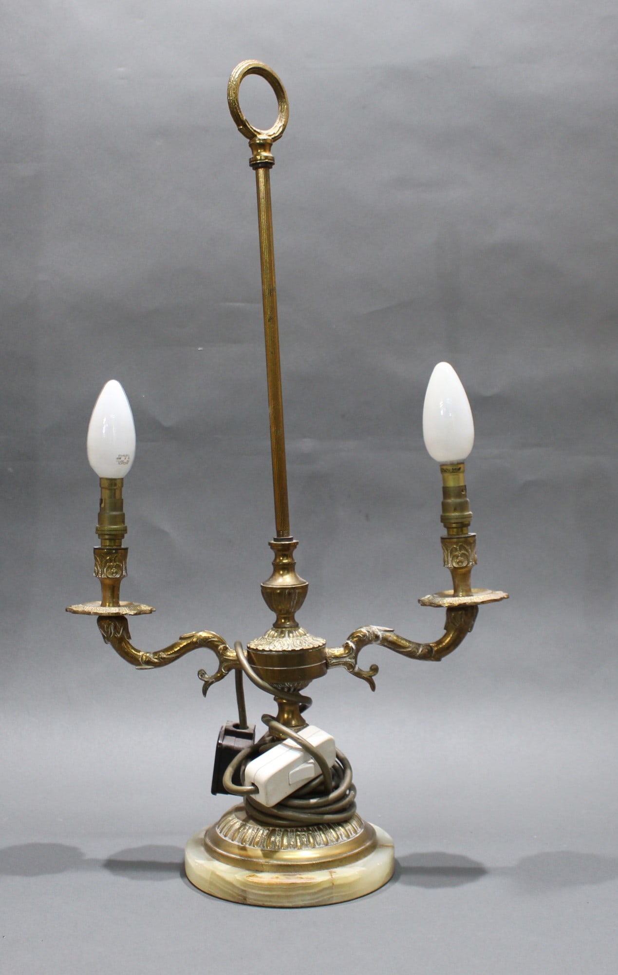 Brass & Onyx Two Light Table Lamp: Title: Brass & Onyx Two Light Table Lamp Description: Brass & Onyx Two Light Table Lamp. Mid/late 20th C. Heavy; brass & onyx. Width: 32 cm. Depth: 14 cm. Height: 57 cm. Working but