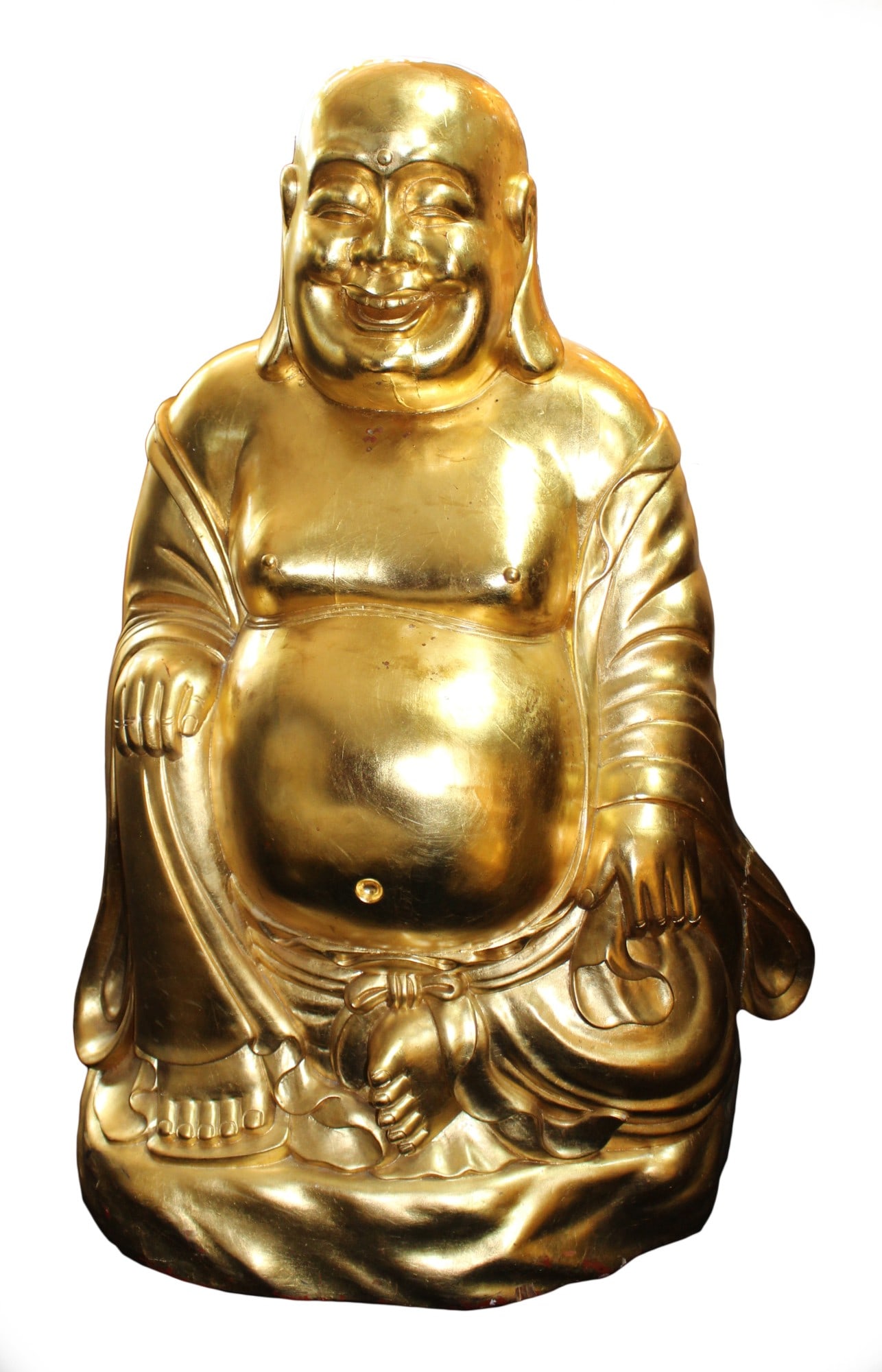 Large Hand Carved Giltwood Seated Laughing Buddha: Title: Large Hand Carved Giltwood Seated Laughing Buddha Description: Large Hand Carved Giltwood Seated Laughing Buddha Late 20th c. Hand carved wood with 22ct gold finish. Measures 71 x 50 x 100