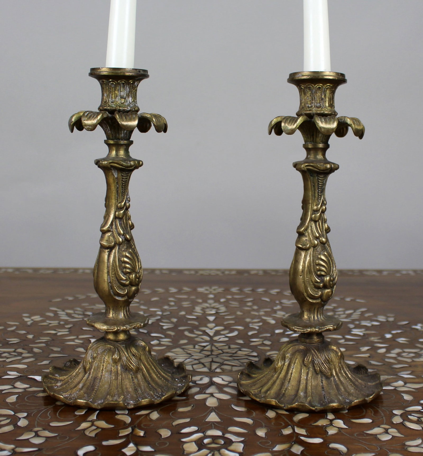 Pair of Antique Heavy Rococo Revival Brass Candlesticks c.1900 (1 of 9)