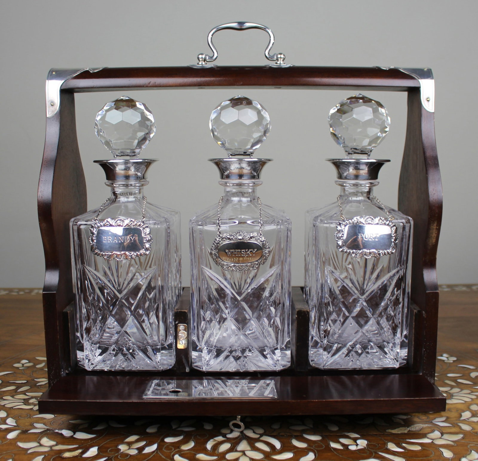 Vintage Mahogany Three Bottle Cut Crystal Tantalus with Silver Plated Mounts - 10