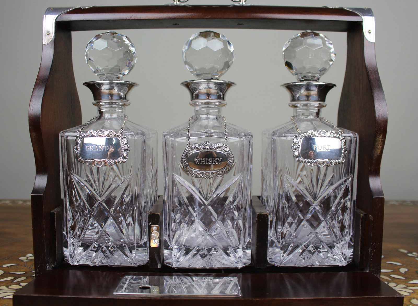 Vintage Mahogany Three Bottle Cut Crystal Tantalus with Silver Plated Mounts - 11
