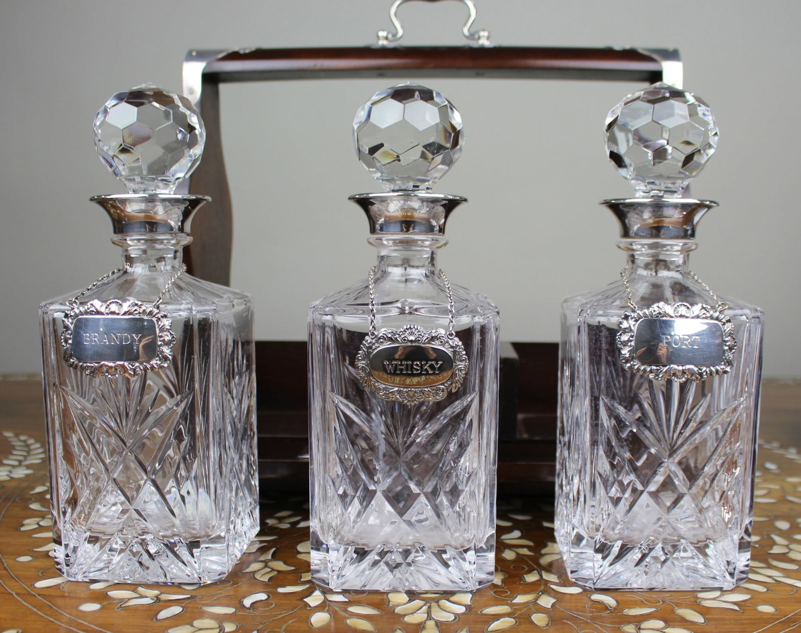 Vintage Mahogany Three Bottle Cut Crystal Tantalus with Silver Plated Mounts - 12