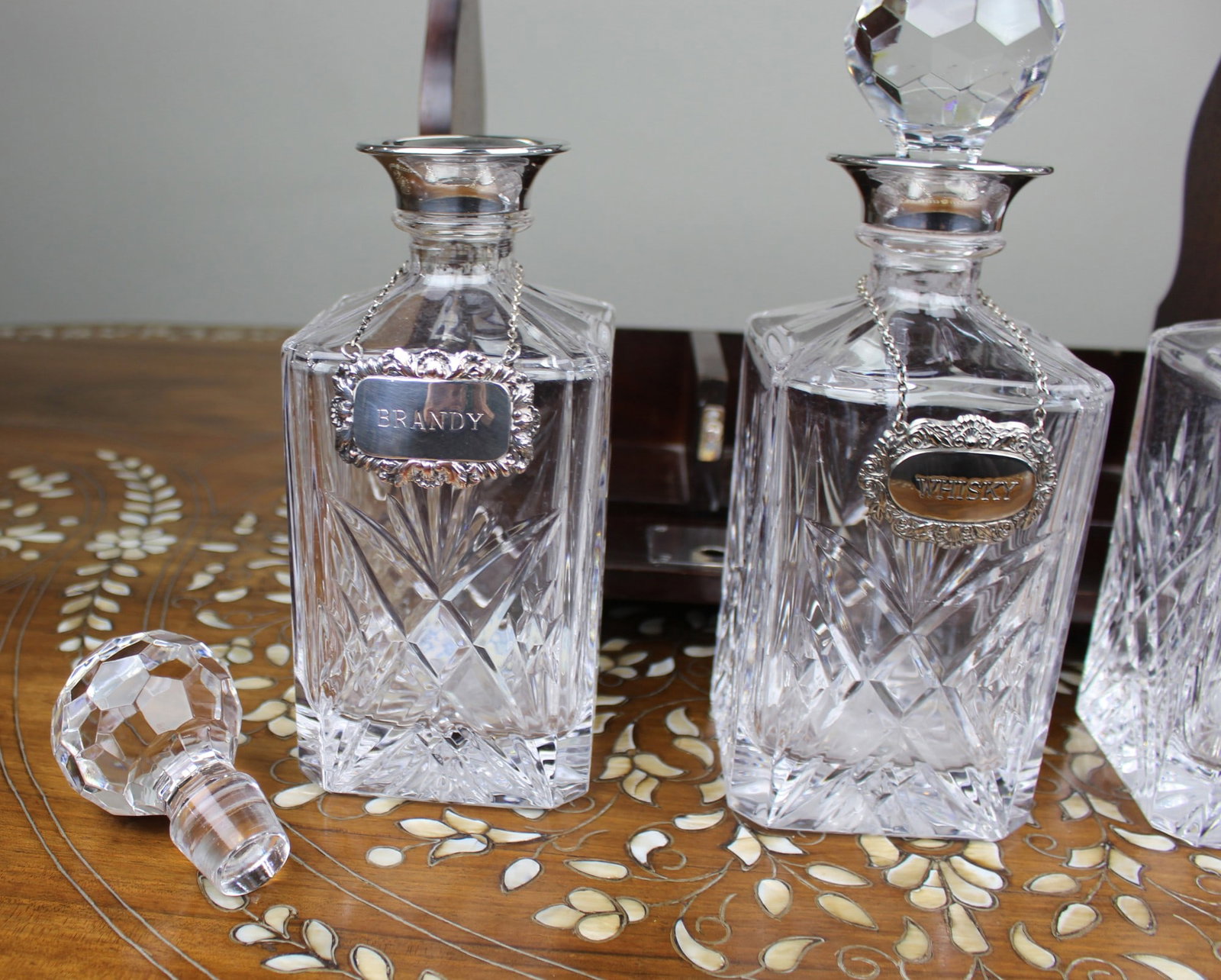 Vintage Mahogany Three Bottle Cut Crystal Tantalus with Silver Plated Mounts - 13