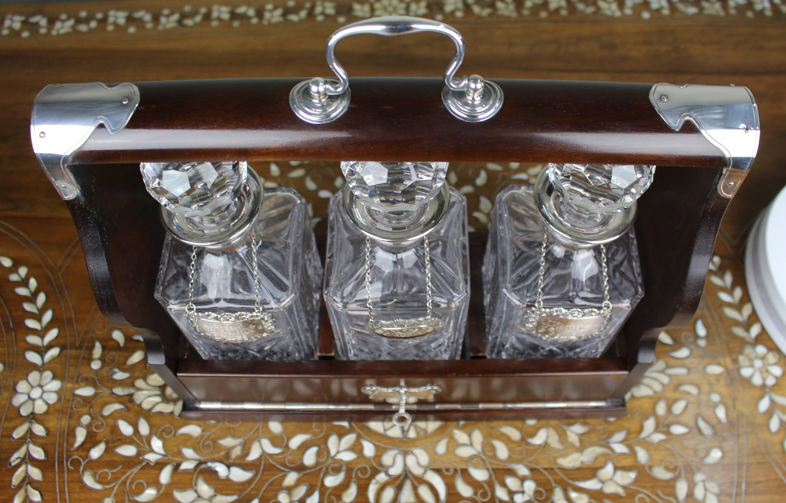 Vintage Mahogany Three Bottle Cut Crystal Tantalus with Silver Plated Mounts - 14