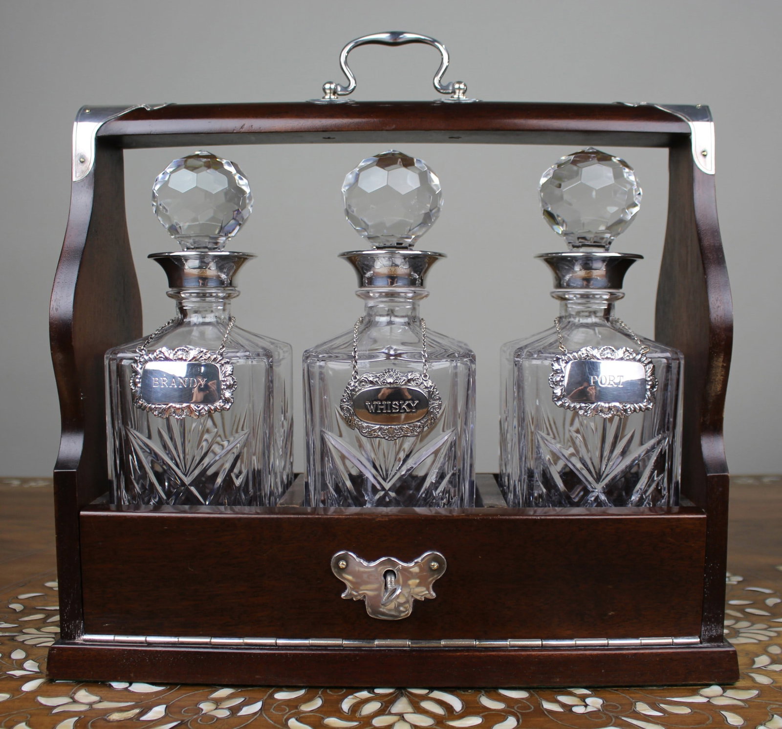 Vintage Mahogany Three Bottle Cut Crystal Tantalus with Silver Plated Mounts (1 of 14)