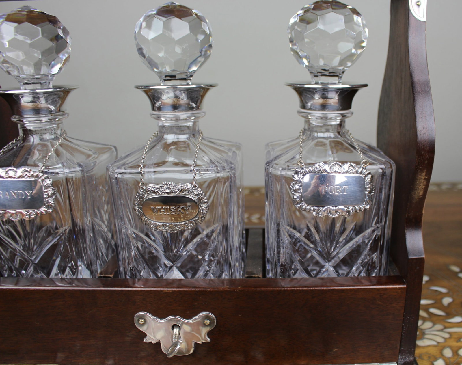 Vintage Mahogany Three Bottle Cut Crystal Tantalus with Silver Plated Mounts - 4