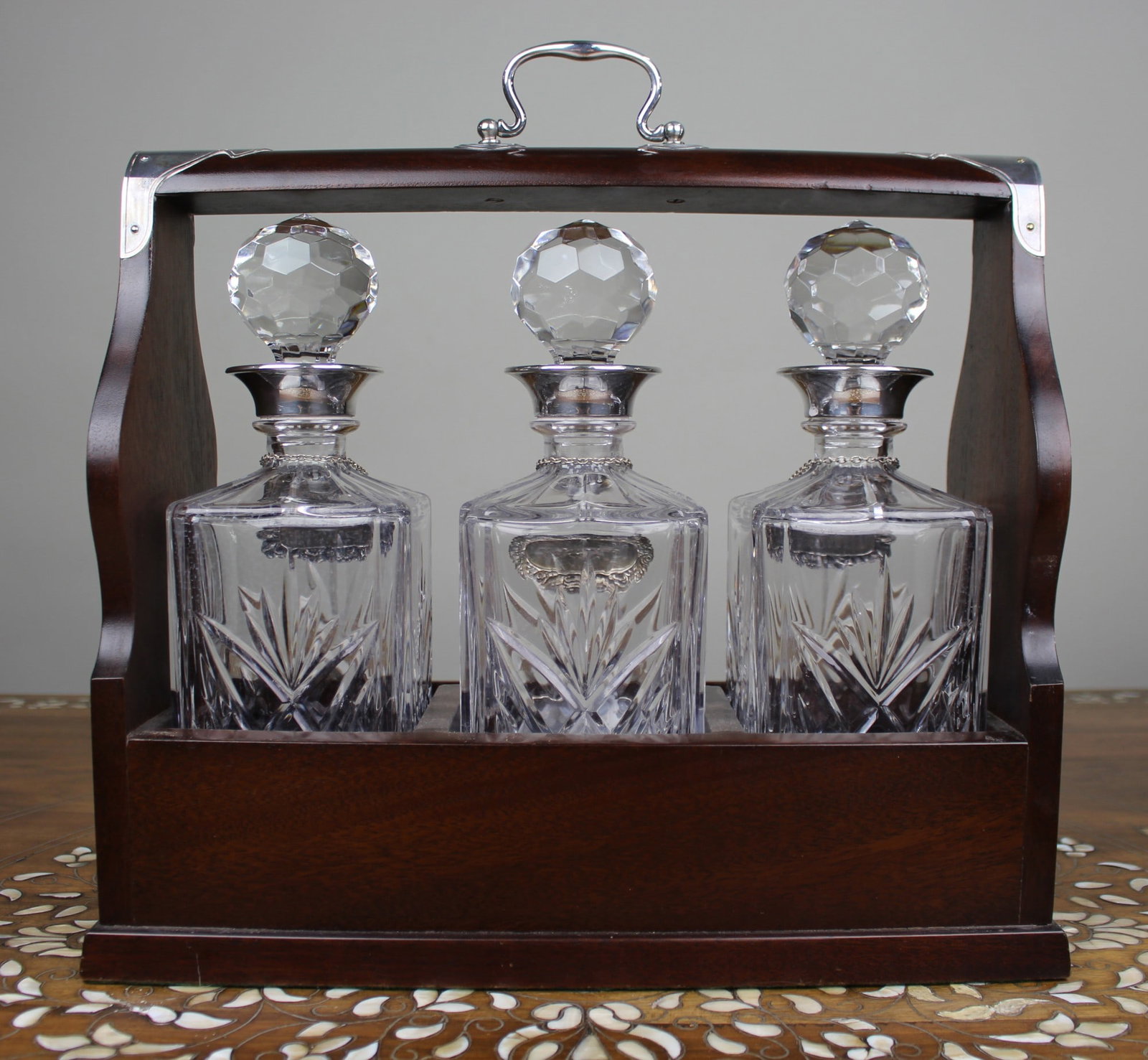 Vintage Mahogany Three Bottle Cut Crystal Tantalus with Silver Plated Mounts - 7