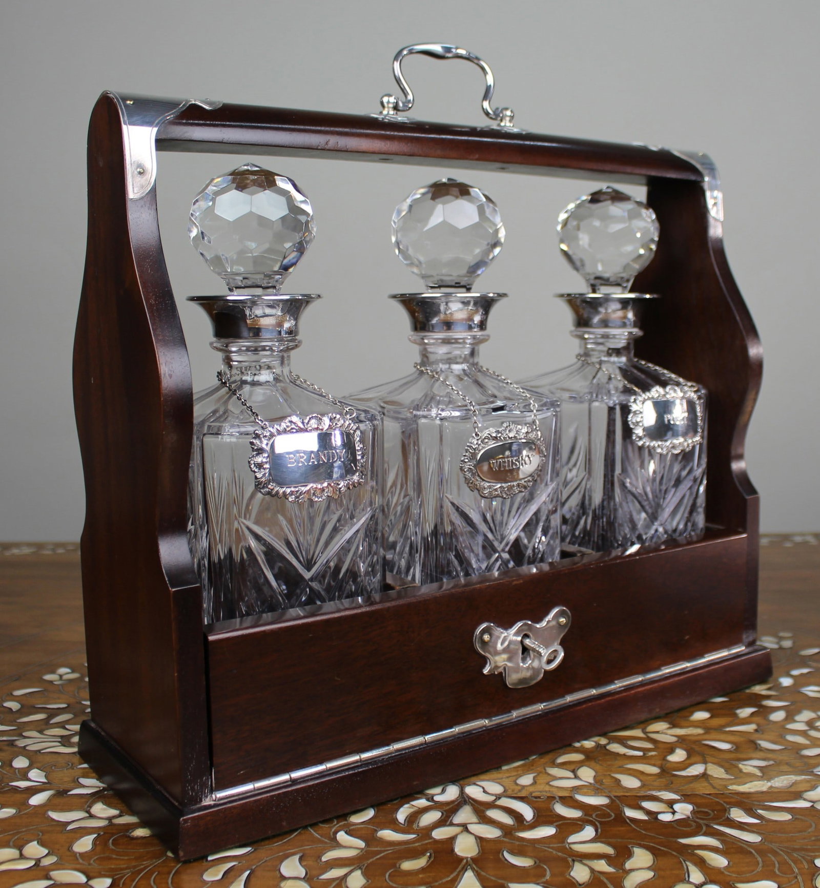 Vintage Mahogany Three Bottle Cut Crystal Tantalus with Silver Plated Mounts - 9