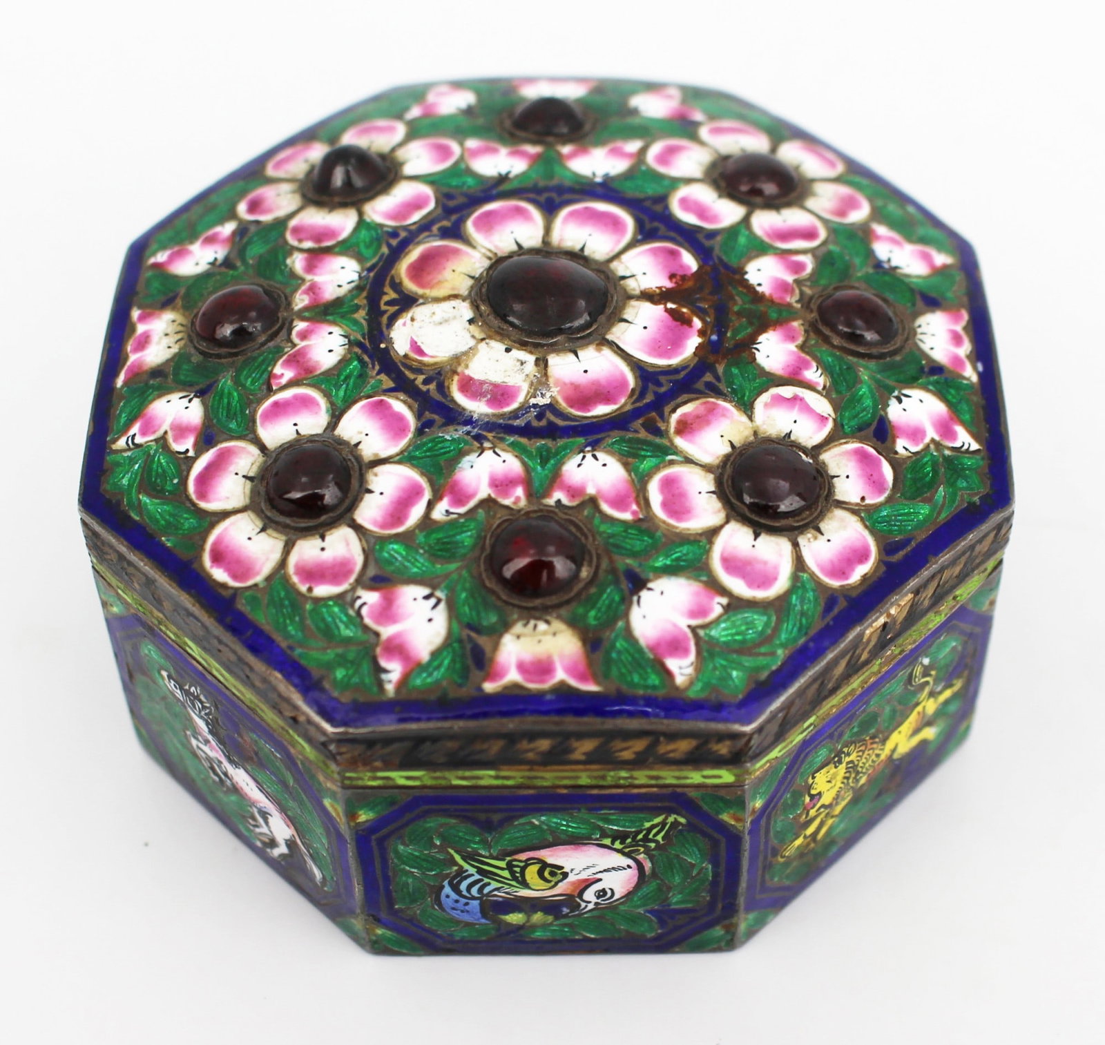Antique Lucknow Silver Meenakari Octagonal Box, India, c.1890 - 2