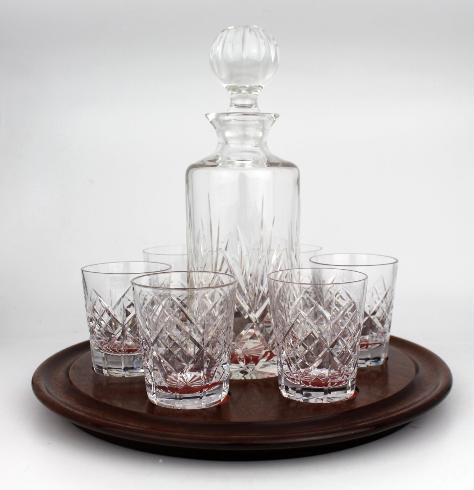 Cut Glass Crystal Decanter & 6 Glasses on Mahogany Stand (1 of 1)