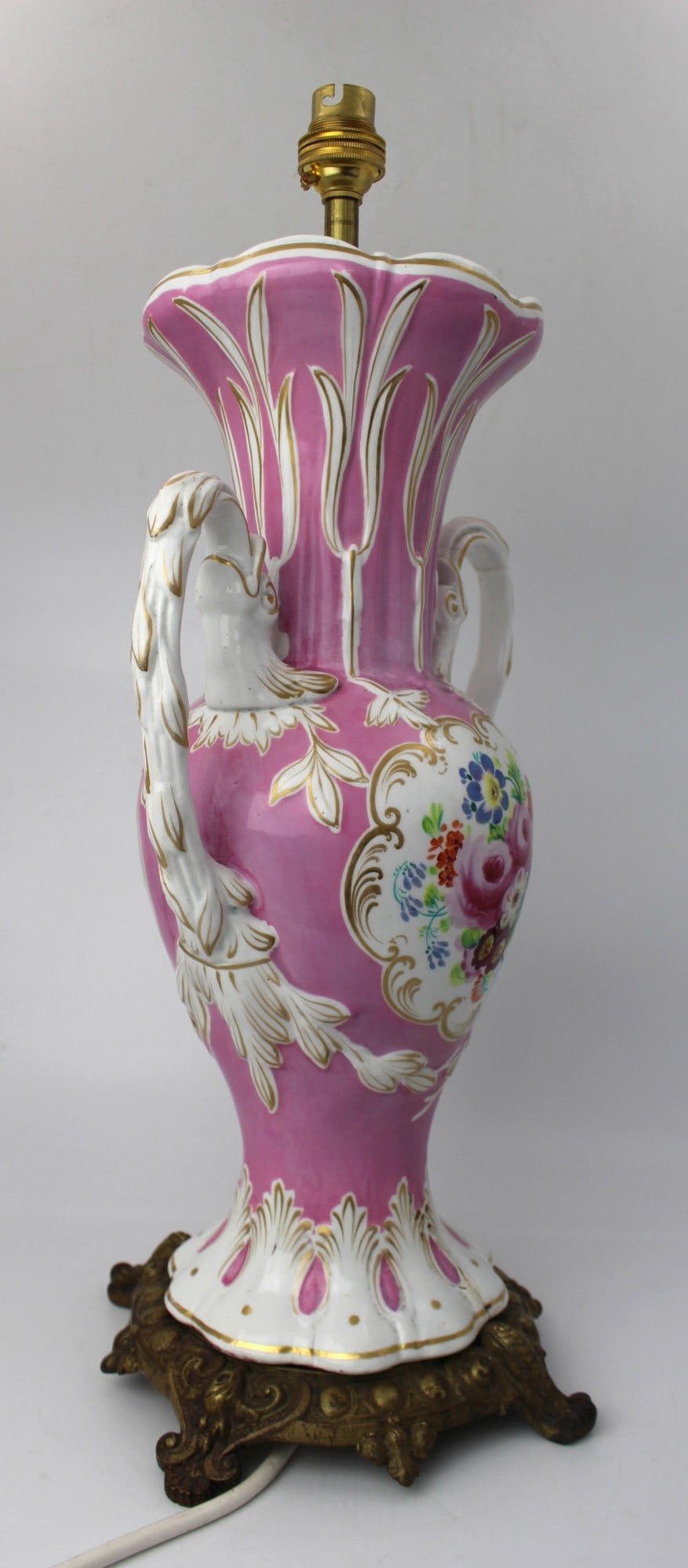 Antique Hand Painted Pink Ground Porcelain Table Lamp, c.1890 - 11